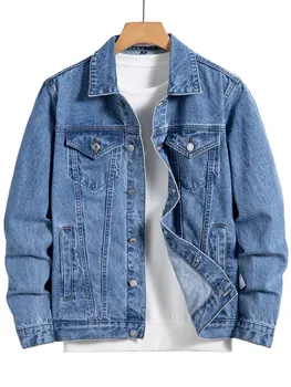 Men's Blue Denim Jacket for Spring and Autumn. Multi-Pocket Design. Regular Size with a Stylish Street Casual Style.