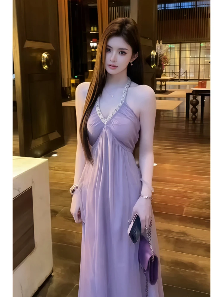 E Vestido Largo con Escote en V y Pedrería, Estilo Veraniego de Lujo para Mujer, Estilo Vacacional, Cintura Alta, Sin ...