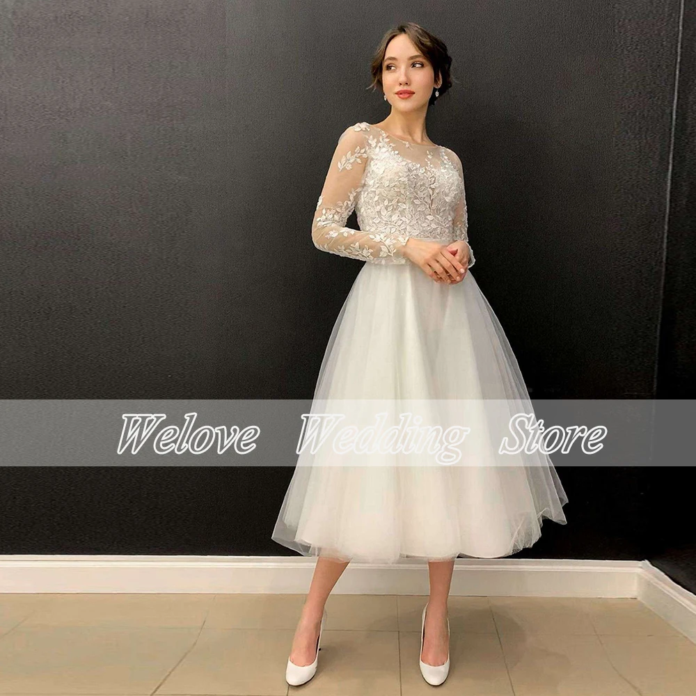 Tea Length Wedding Dress For Bride Elegant Formal Bridal Gown Woman Long Sleeve Button Back Custom A Line Vestido De Novia 2024