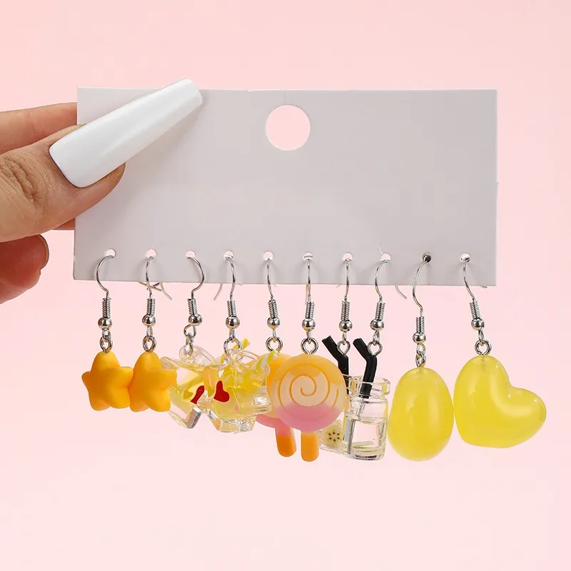 New Fashionable Earrings with Fresh and Sweet Resin Simulation Flowers, Star Shaped Lollipops, Wine Bottle Earrings Set