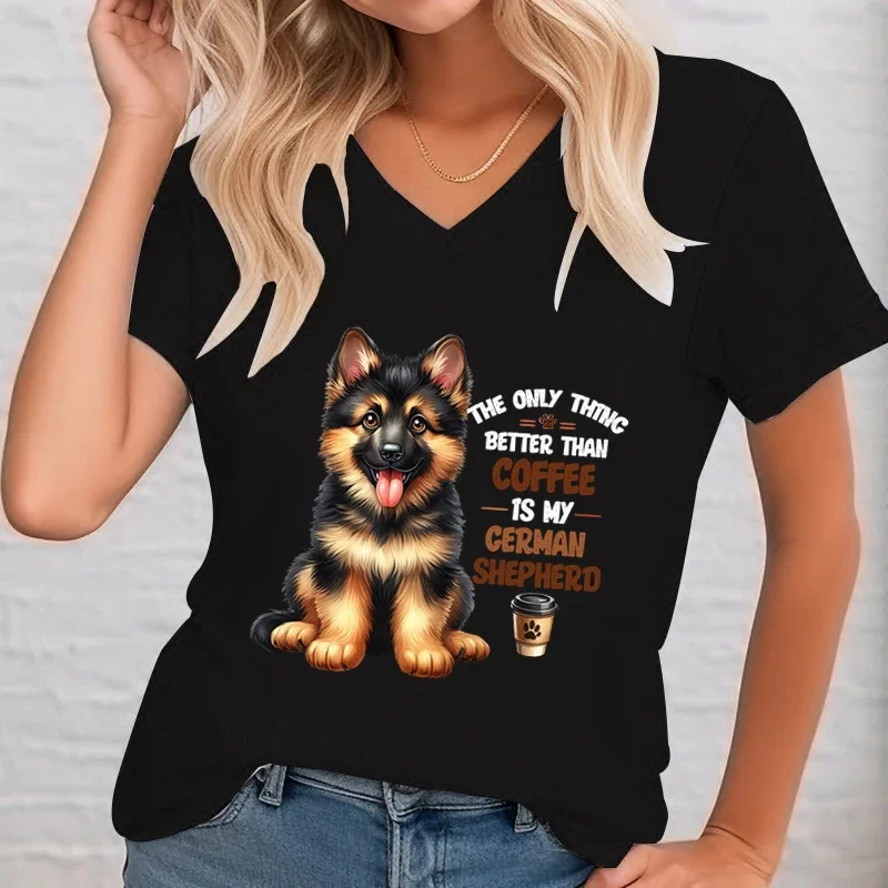 Women\'s Cartoon Shepherd Dog T-shirts Fashion Short Sleeve V-Neck Clothes Better Than Coffee Is My German Shepherd Print Tshirt