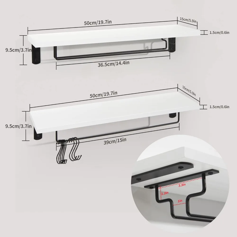 20-Inch Floating Shelf with Hooks, Set of 2 for Mugs and Glasses, Wall-Mounted Storage