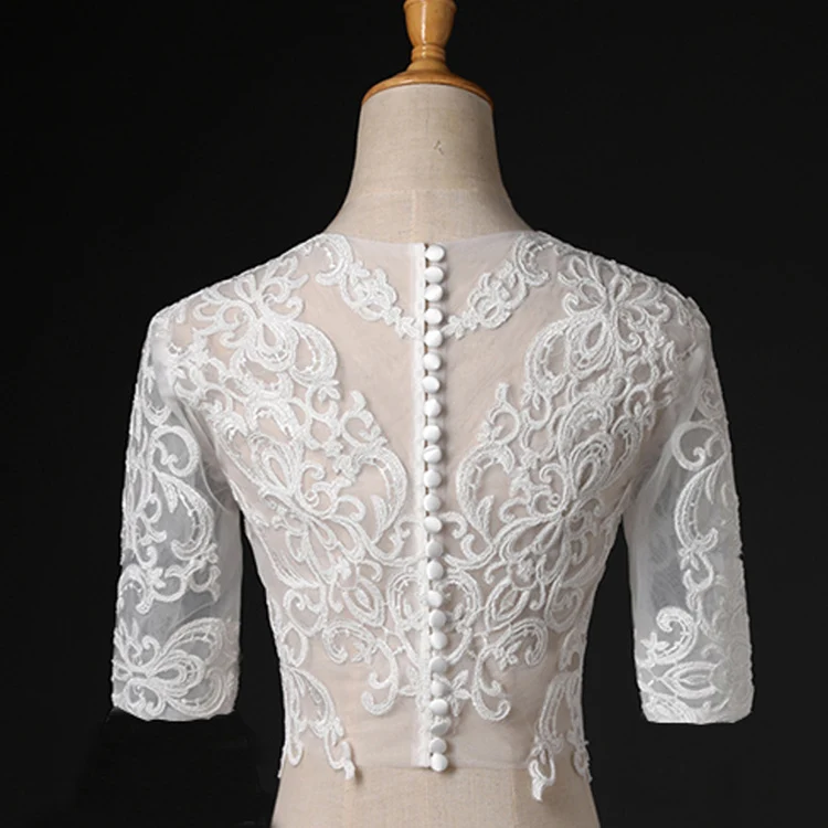 Real Photos Lace Applique Wedding Jacket Bridal Cape Button Back 3/4 Three Quarter Sleeves Transparent Bride Bolero Shrug Wrap