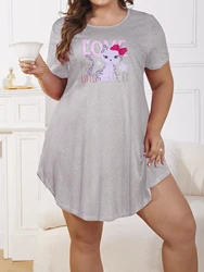 Large size women's casual round neck short sleeved printed pajama dress for home wear