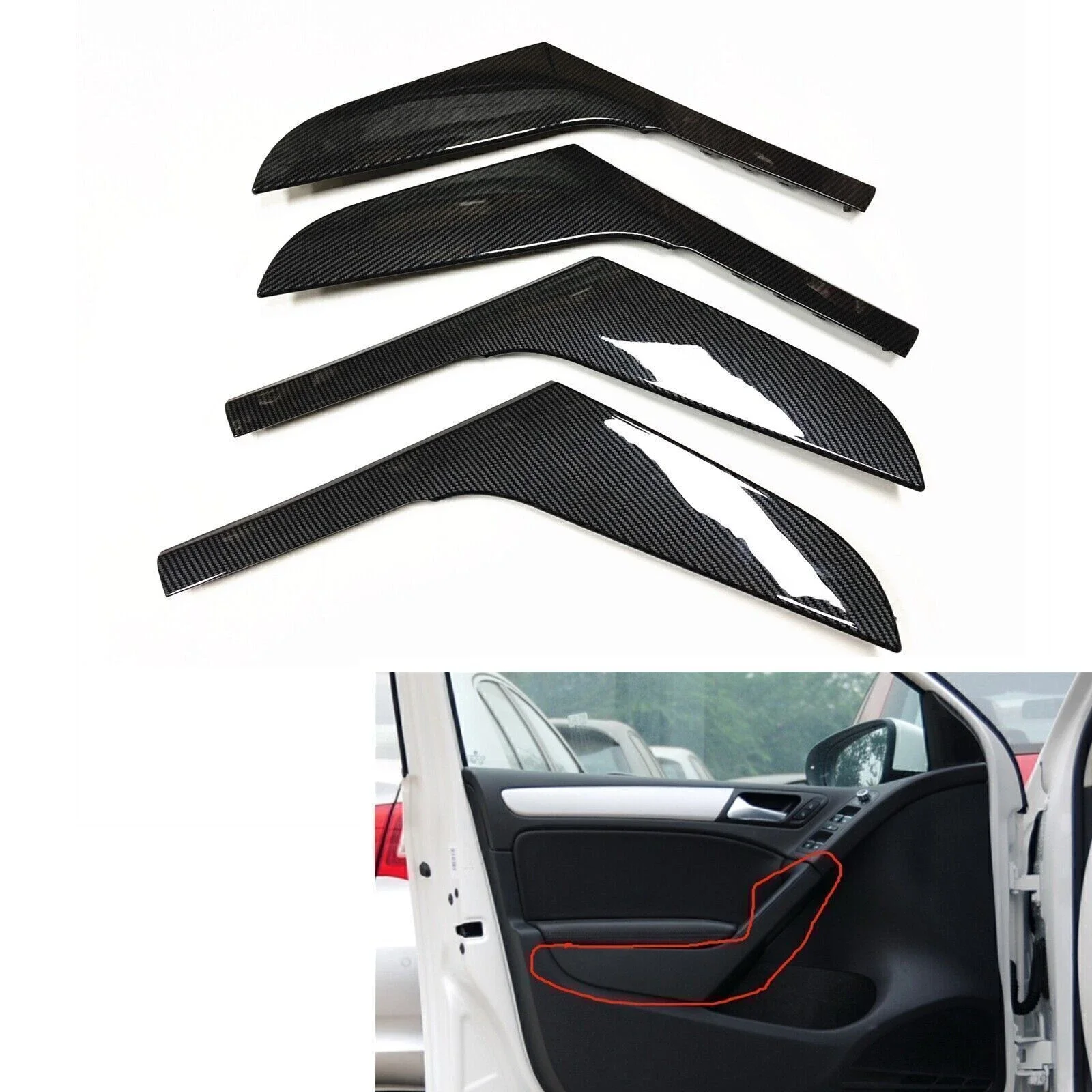 For VW Volkswagen GOLF 6 2009-2013 4Pcs/set Carbon Look Car Interior Door Armrest Handle Strips Cover 5K4868039A 5K4868040A