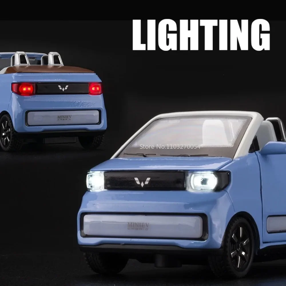 WuLing-MINI EV Convertible Edition, modelos de coches de simulación fundidos a presión, luz de sonido, vehículos extraíbles, colección de regalos para niños, 1/24