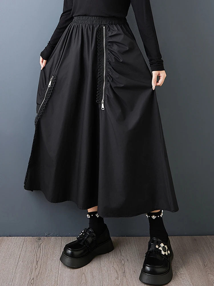 NYFS 2025 Autumn New Woman Skirts Female Elastic waist Loose Plus Size Solid Zipper pleats Long Skirt