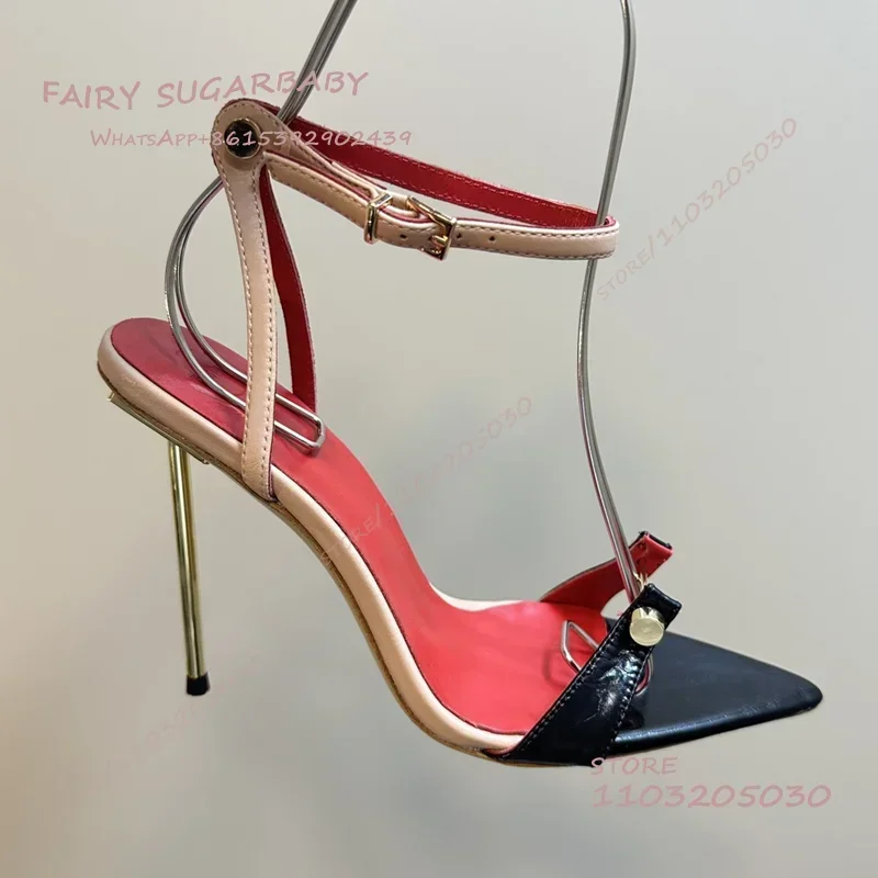 Black Patent Leather Matte Pointed Open Sandals Women Rivet Link Metal Heel Ankle Chain Buckle Red Dress Hollow Shallow Shoes view 2