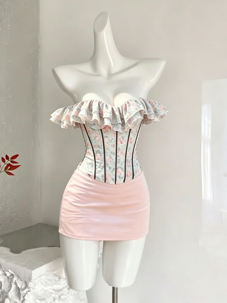 

2026 Summer French Romantic 2 Piece Set Women Print Ruffle Tops + High Waist Design Mini Skirt Female Chic Retro Travel Outfits
