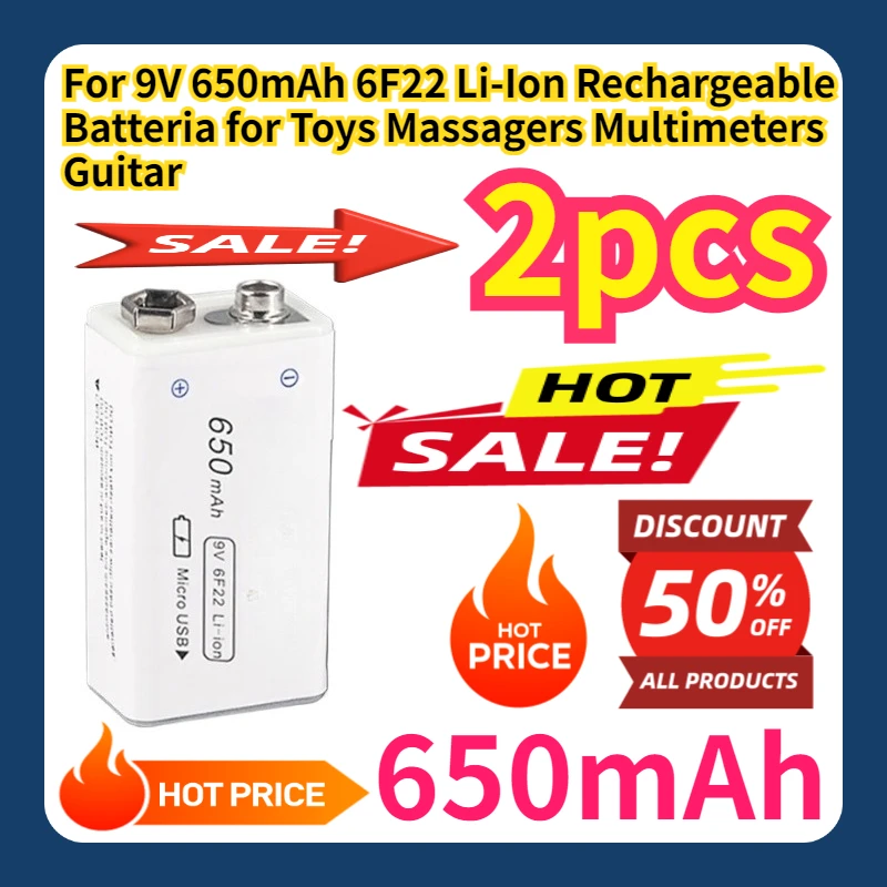 For 9V 650mAh 6F22 Li-Ion Rechargeable Batteria for Toys Massagers Multimeters Guitar