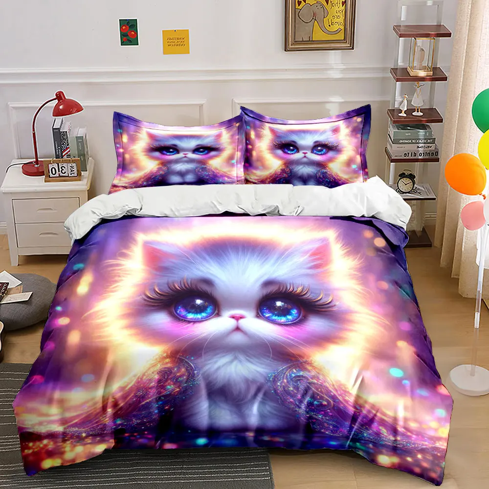 Furry kitty with Colorful Glows Printed Duvet Cover Set1 Duvet Cover+2 PillowcaseMulti Size Bedroom Bedding Decor Luxury gifts