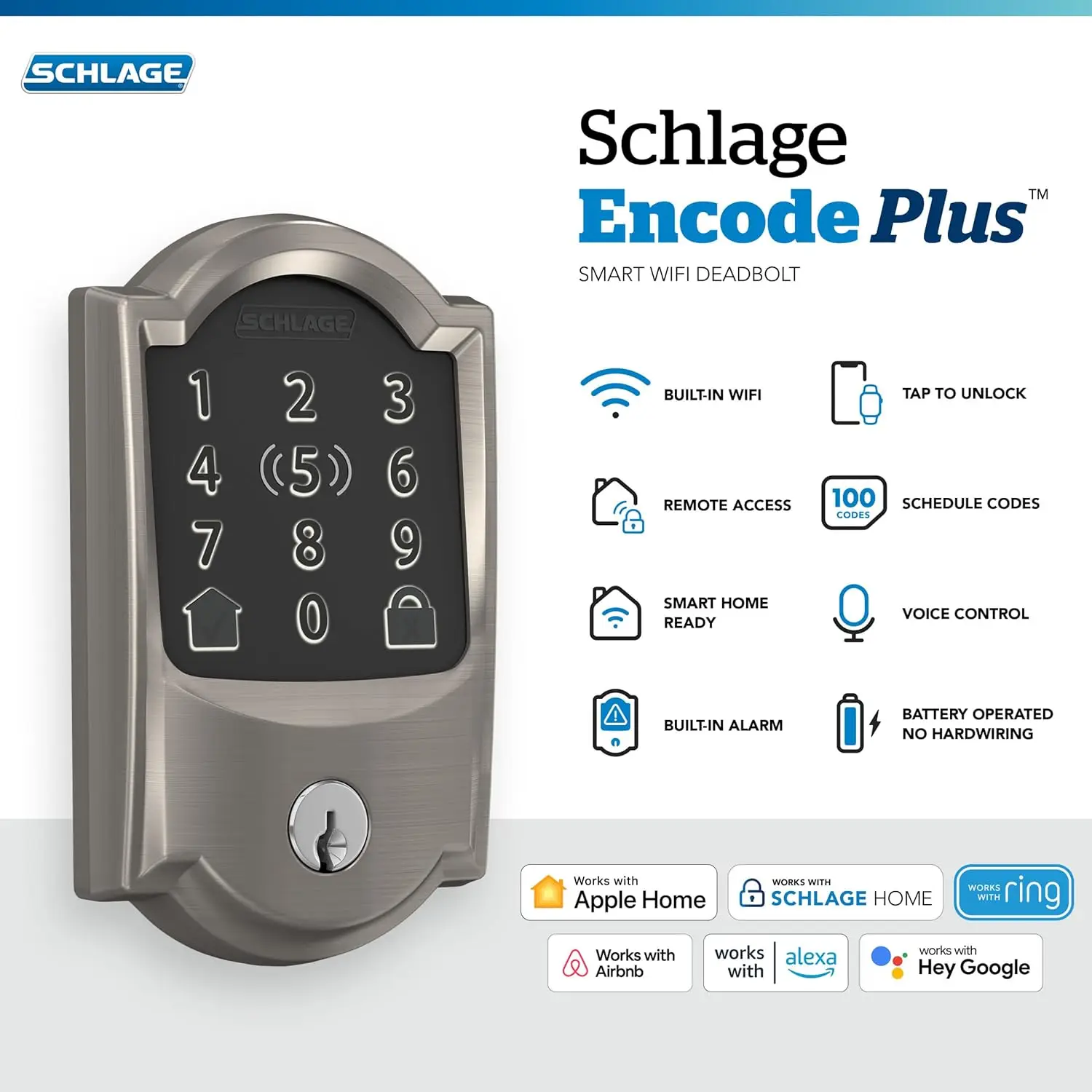 Schlage BE499WB CAM 619 Encode Plus WiFi Deadbolt Smart Lock with Apple Home Key, Keyless Entry Door Lock image 2