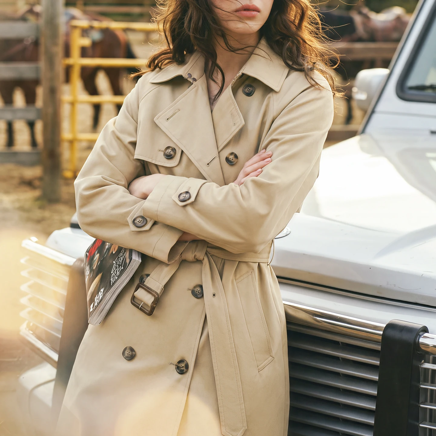 Maden Women's Trench Coat Windproof Double Breasted Belted Waist Long Coat Turn Down Collar Classic British Style Fall Outerwear