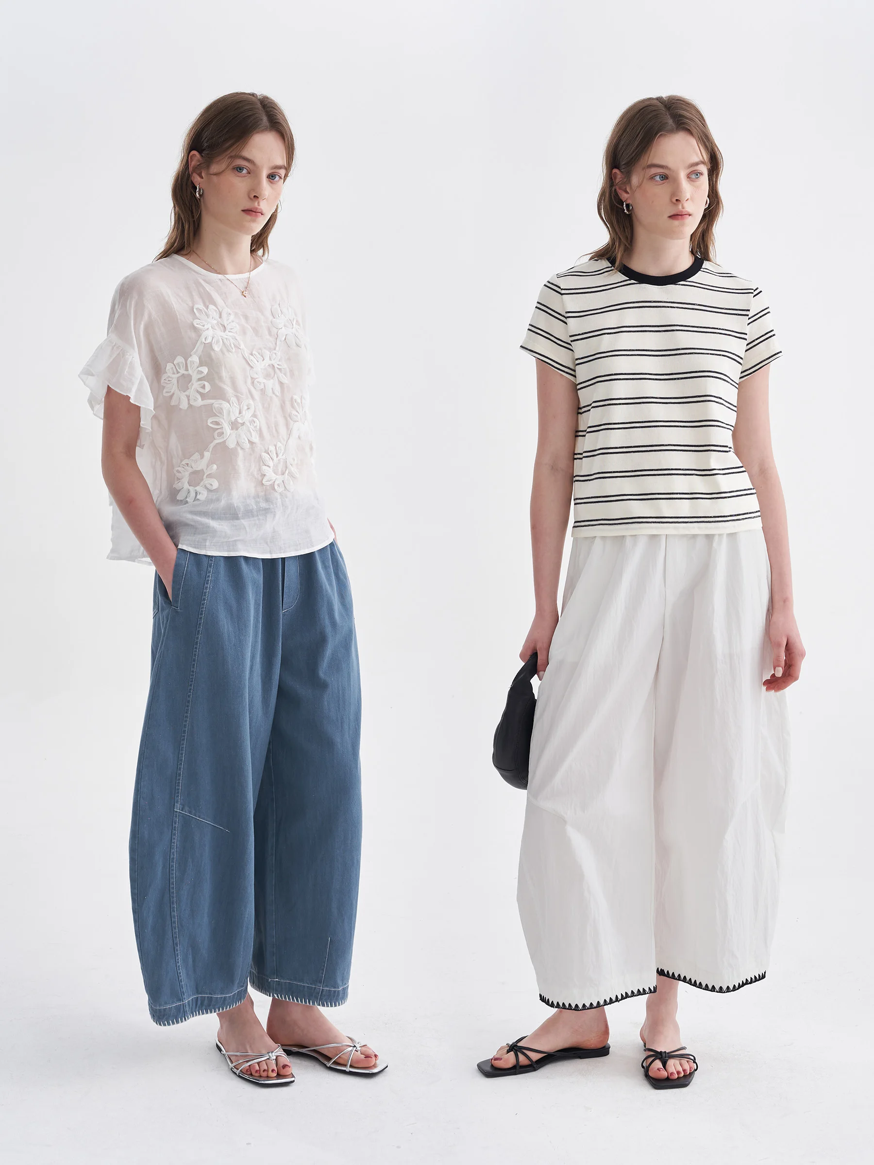 

DotDrobe Casual Pants Women's Spring Summer Thin Elastic Waist Curved Knife Lacework Embroidery Loose Fit Straight Leg Trousers