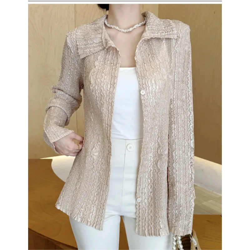 

Miyake Pleated Shirt Plisse French Polo Collar Pleats Long Sleeve Shirt Women Spring 2026 Top Design Sense Niche Shirt Women