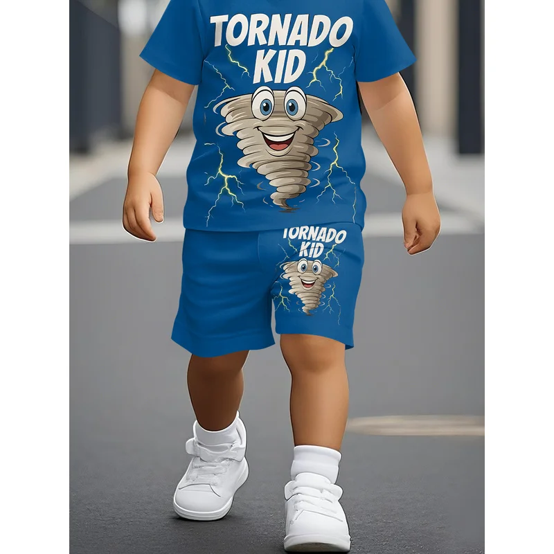 Cartoon Tornado Boy Round Neck T-Shirt 100% Polyester Fiber 3D Digital Printing Suitable For Summer Baby Set