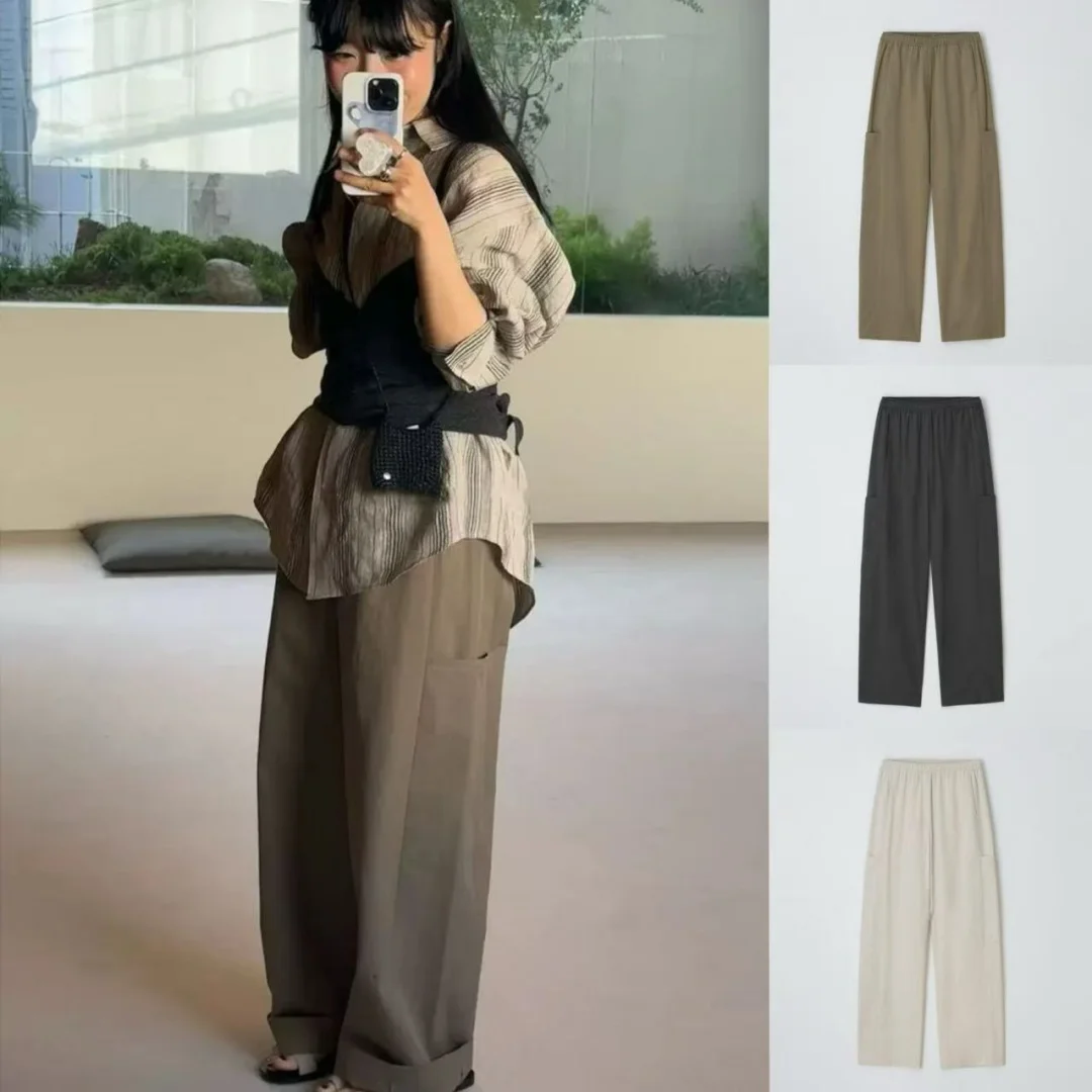 Moia design feminino casual algodão calças de linho cintura alta perna reta modelo fino com grandes kets outono novo sle