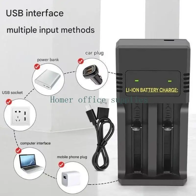 K43B Battery Charger for 18650 and 26650 Cells with USB Input, 2 Bay Charging Layout, Independent Bays, Flat Contact and Button