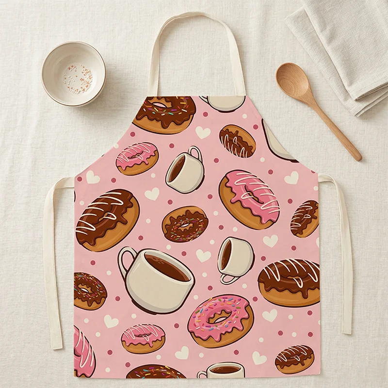 

Cute Pink Donut Coffee Print Kitchen Apron for Women Sweet Baking Cooking Bib Sleeveless Linen Pinafore Home Cleaning Delantal