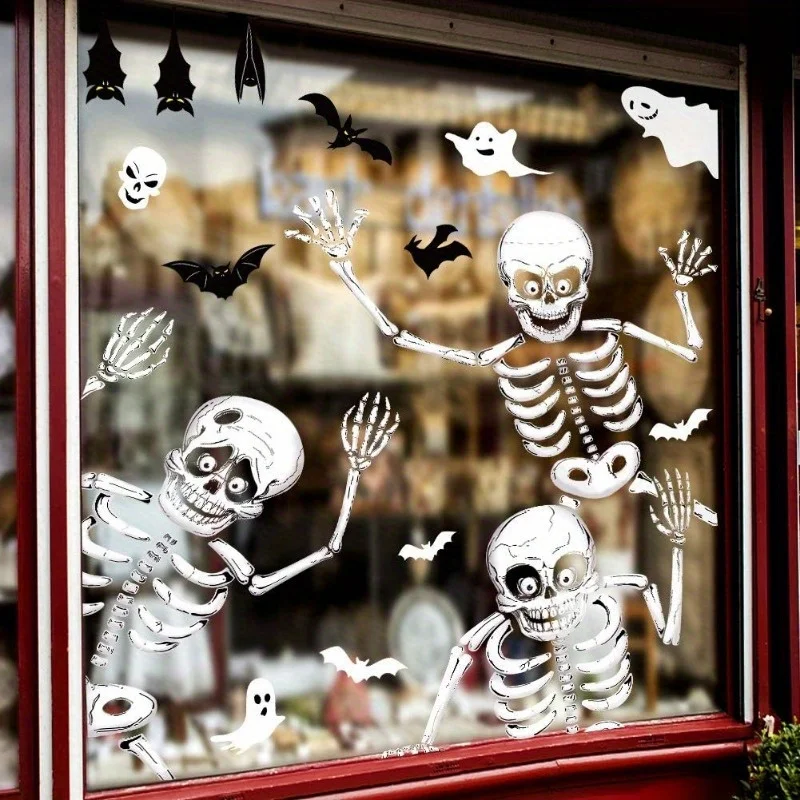 4 Stück Skelett Halloween Fensteraufkleber Statische Haftfolien für Spukhaus Halloween-Party Heimdekoration Zubehör