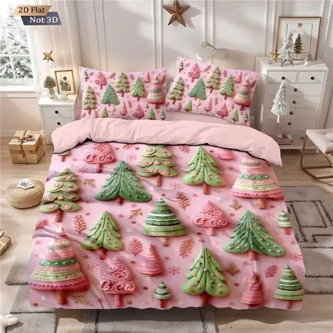 Pink Christmas Tree 3D Print Bedding Set Cozy Soft Duvet Cover King Queen Twin Size Birthday Gift Room Decor
