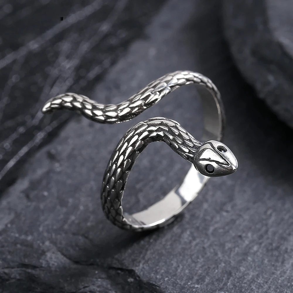 

S925 Sterling Silver Snake Open Ring Resizable Animal Fine Jewelry Black Angel Wings Finger Ring for Women Anniversary Gift