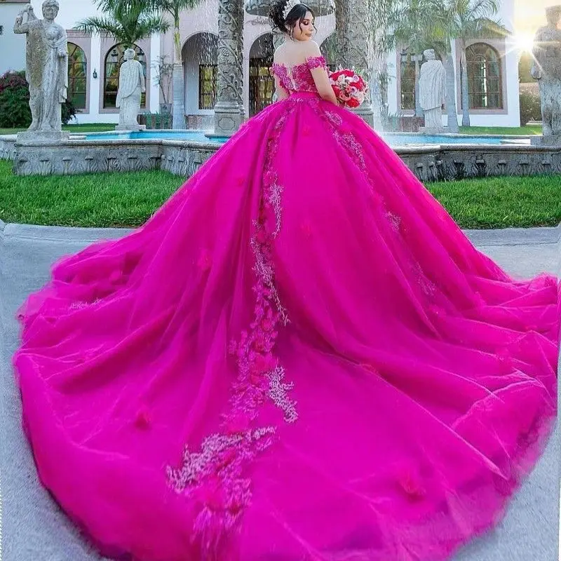 Lorencia Shiny Quinceanera Dress Mexican Sweetheart Lace 3DFlower Puffy Ball Gowns Applique Sweet 16 Vestidos De XV Anos YQD366