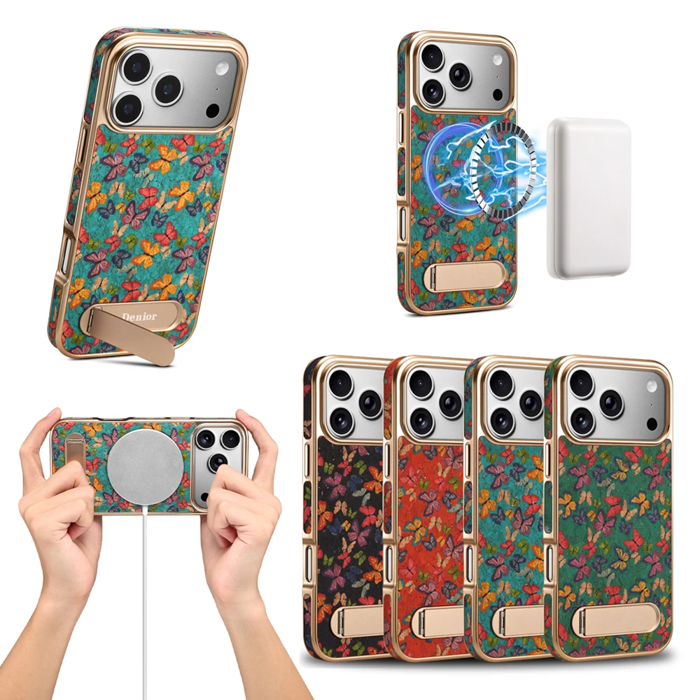

Luxury Gold Plating Stand Magnetic Cover Wood Surface Butterfly Phone Case for iphone 17 PRO MAX 17 AIR 16 PRO 13 14 PRO 15 PRO