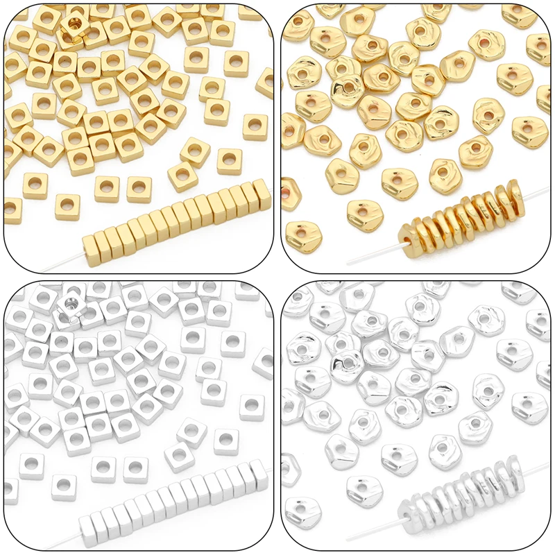 10Pcs Gold/Silver Plated Brass Flat Round Square & Irregular Shape Spacer Beads for Bracelet Earring DIY Jewelry Making Findings