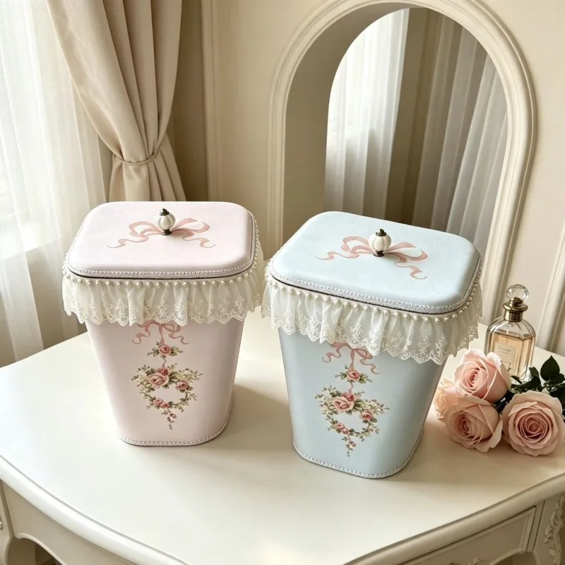 French light luxury lace waterproof trash can, covered living room storage, household bedroom high-value paper storage