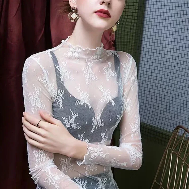 Summer Women Lace Floral Embroidery Blouses Shirt Ladies tops Sexy mesh Blouses Transparent Elegant See-through Black Shirt