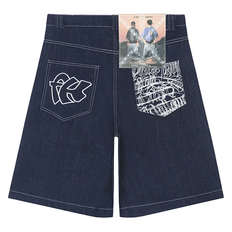 Pantalones vaqueros con estampado de letras bordadas y bolsillo de Hip Hop callejero, pantalones cortos Retro de gran tamaño para hombre, pantalones de pierna ancha en pantalones cortos de primavera y verano