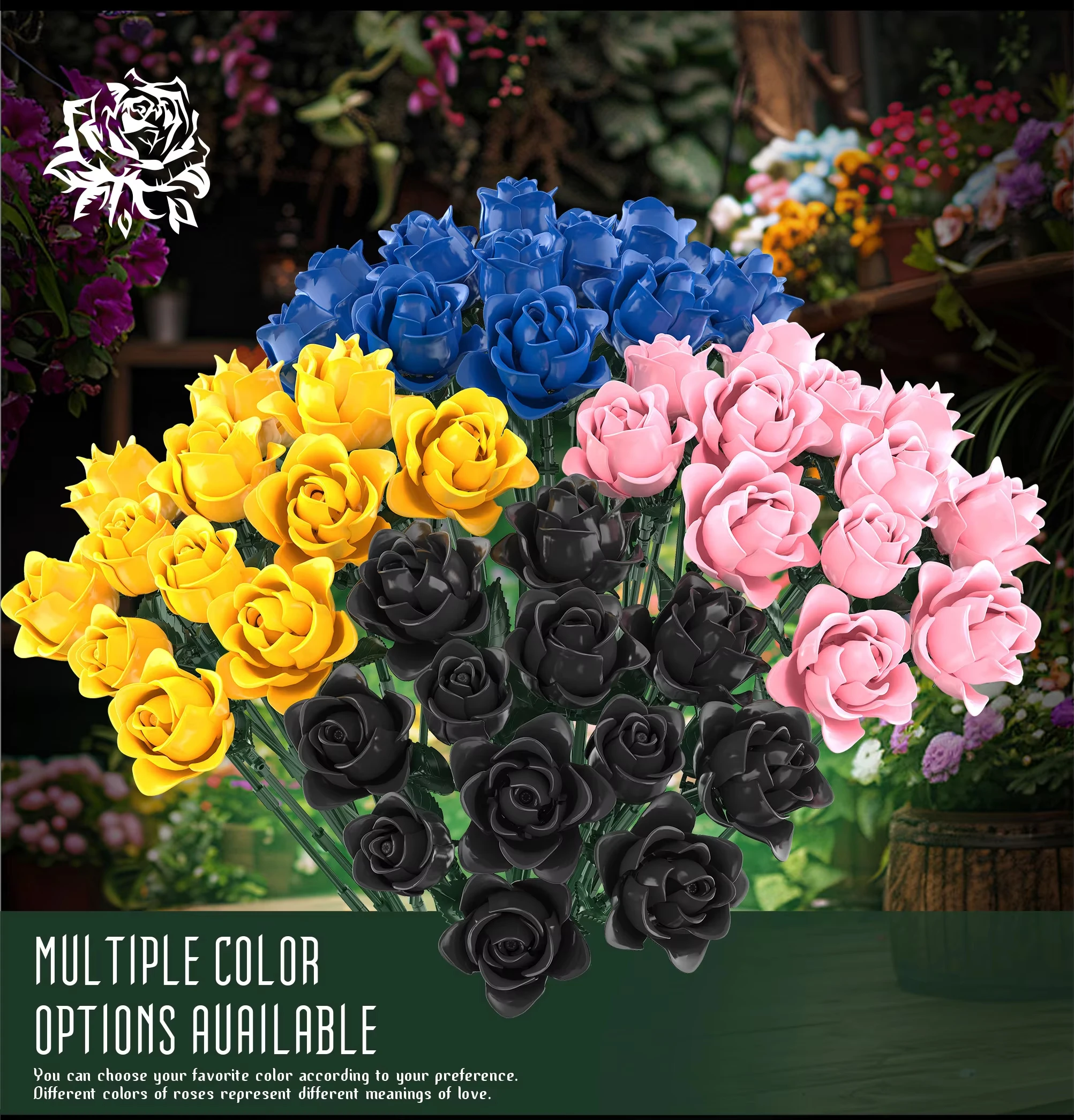 

585pcs Blue Yellow Pink Black Roses Building Blocks MOC Romantic Multicolor Bouquet Valentine Gift for Girlfriend Home Decor