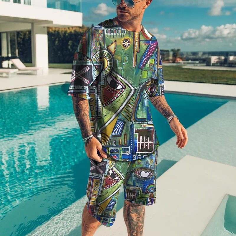 Summer Colorful Eye Graffiti Tracksuit 3D Printed Men Beach Short Sleeve T Shirt Set 2 Piece Outfits Sportwear Clothes for Men