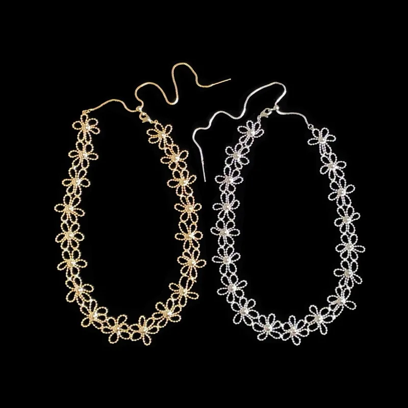 

Minar Light Luxury Lace Woven Hollow Out Flower-shaped Pullable Adjustable Necklace for Women Real Gold Silver Copper Choker
