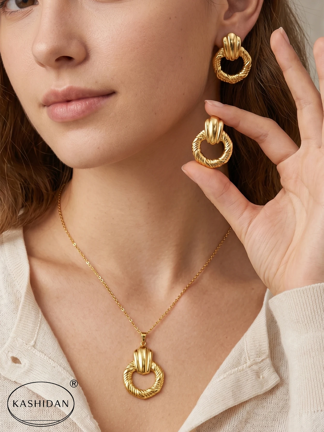 Fashion Stainless Steel Jewelry Set for Women Gold Color Chunky Twisted Rope Door Knocker Set