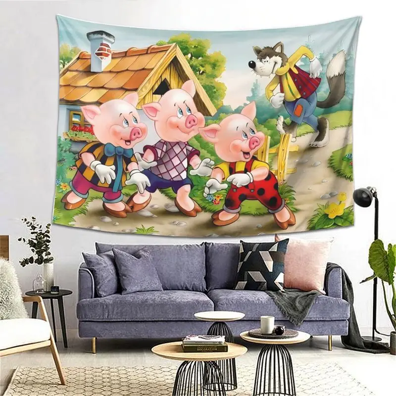 VIKAMA Three Little Pigs Big Bad Wolf Fairy Tale Tapestry, Children's Wall Hanging for Bedroom Living Room Decor
