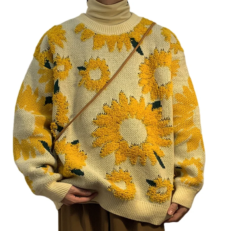 2022 Winter New Style Versatile Sunflower  Warm Round Neck Pullover Jacquard Sweater Couple Long Sleeve Knitwear