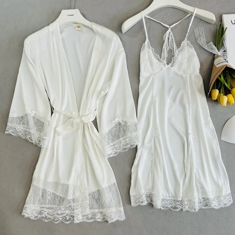 green robe sexy Lace patchwork nightgown elegant bride wedding dress set soft ice silk homewear loungewear intimate lingerie view 2