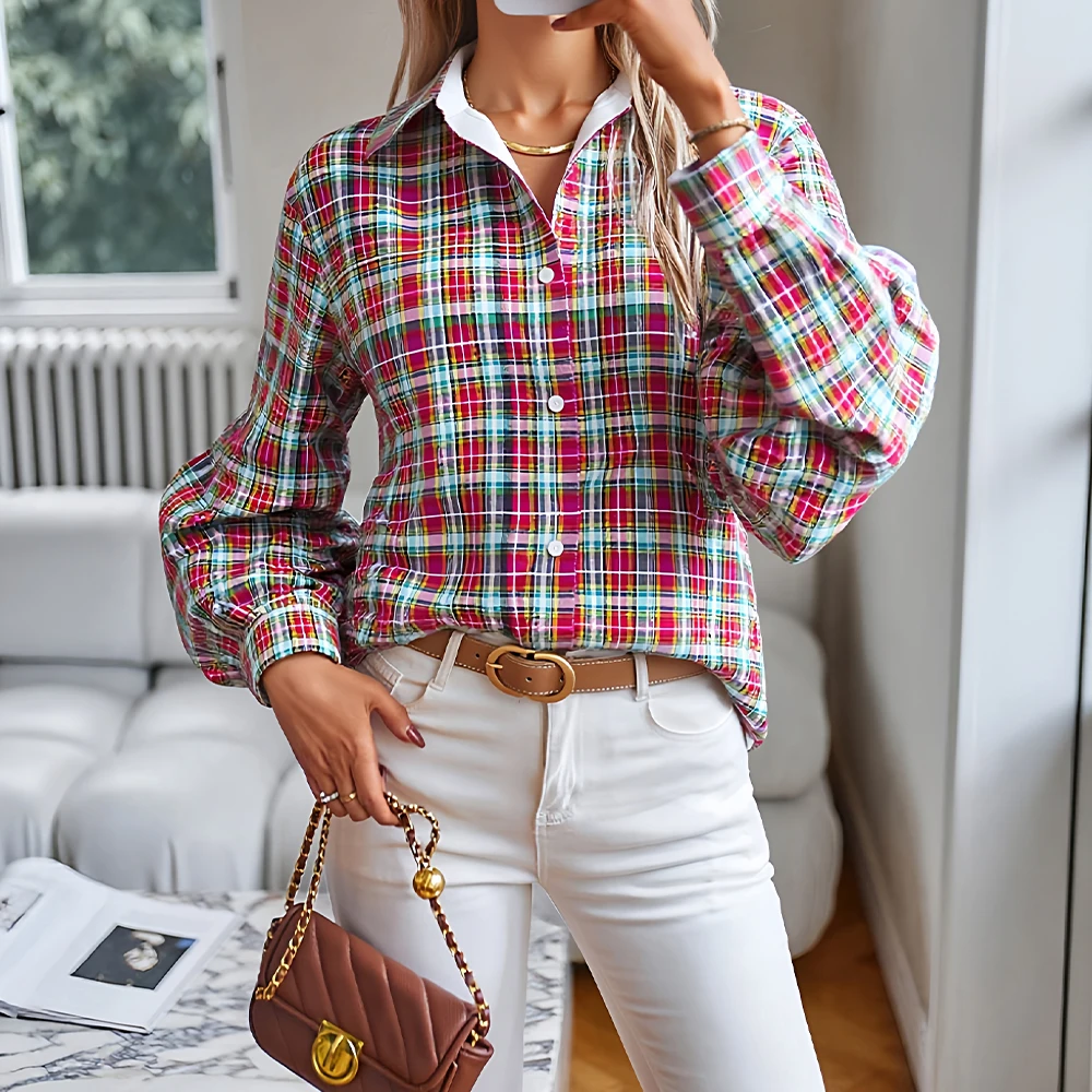 

Mia Muse Autumn Shirts 2025 Women's Casual Plaid Long Lantern Sleeve Shirt Collar Button Through Daily Shirts
