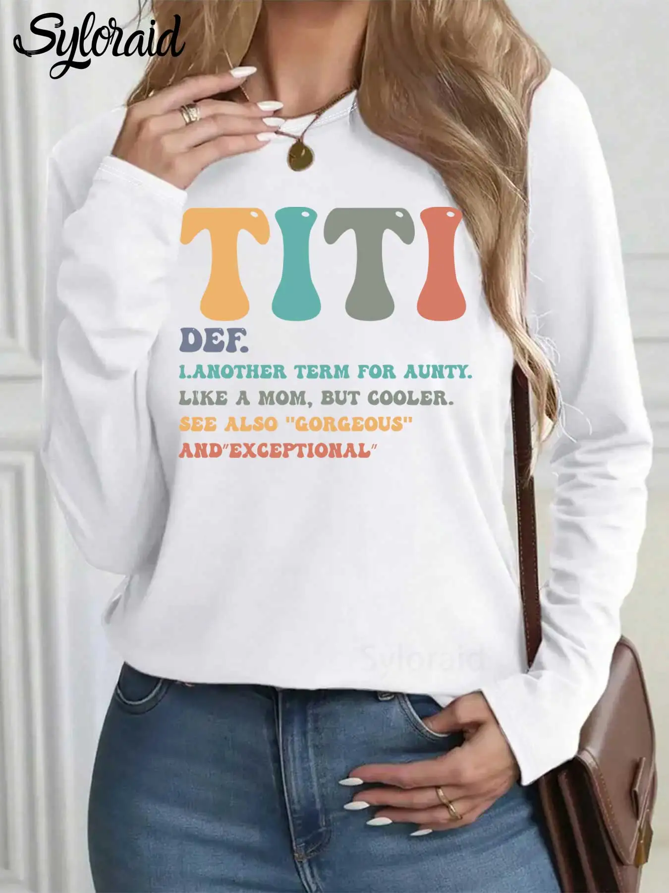 المرأة طويلة الأكمام تي شيرت لعوب "TITI" إلكتروني طباعة مع عمة روح الدعابة يقتبس تي شيرت موضة الجولة الرقبة رداء علوي غير رسمي #1