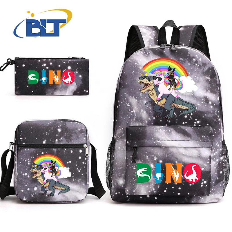 Dinosaur Print Backpack Set Campus Student Schoolbag Kids Shoulder Bag Pencil Bag 3-piece Set Children's Gift