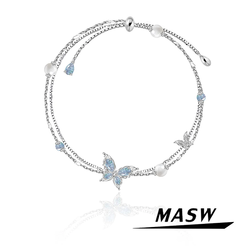 MASW original design high-end blue butterfly bracelet light luxury double-layer pearl jewelry