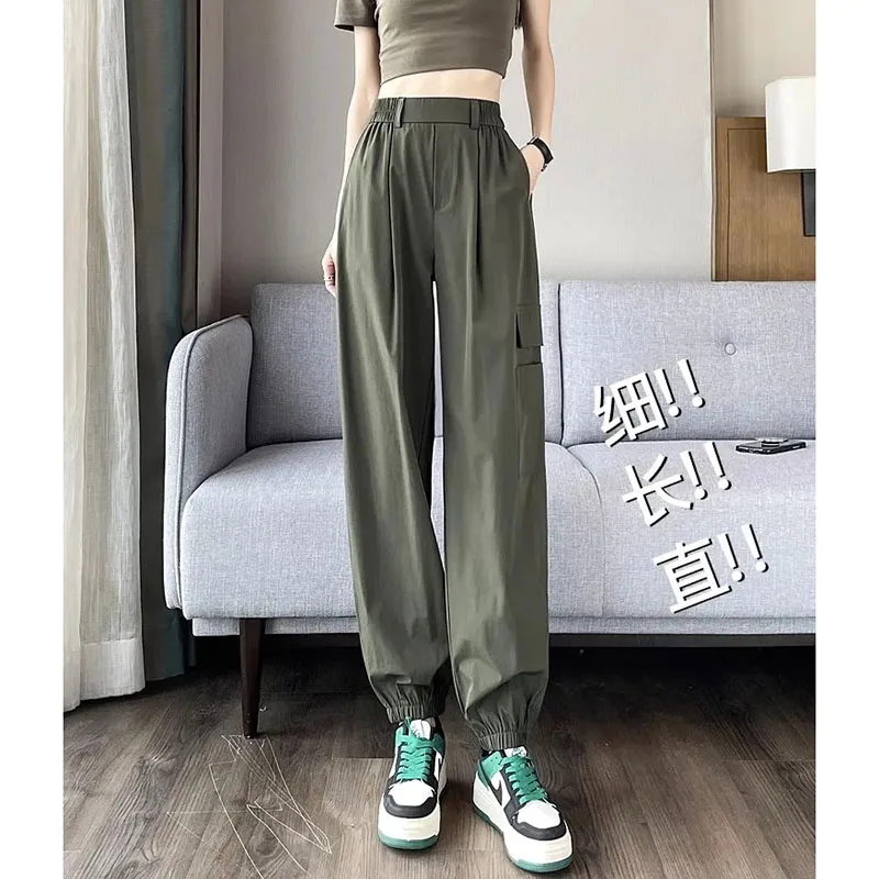 Women Ice Silk Quick Drying Workwear Pants American Style Female Loose Fit Casual Trousers Ladies High Waisted Sports Pantalons