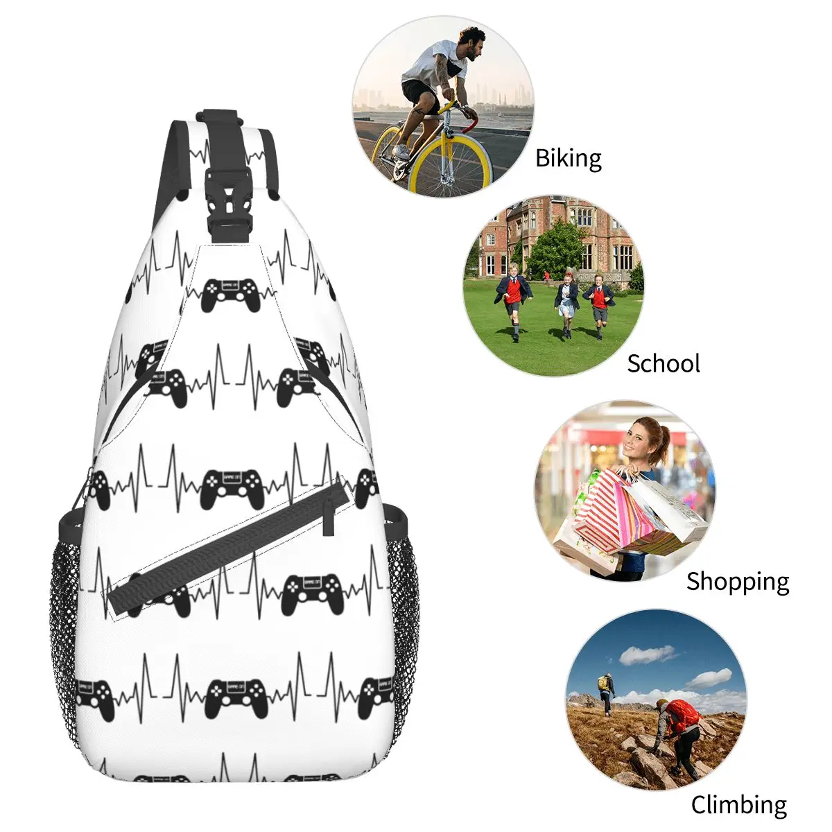 Game Controller Heartbeat Crossbody Sling Bags Casual Peito Bag Gamer Shoulder Mochila Daypack para viagens Caminhadas Sports Bookbag