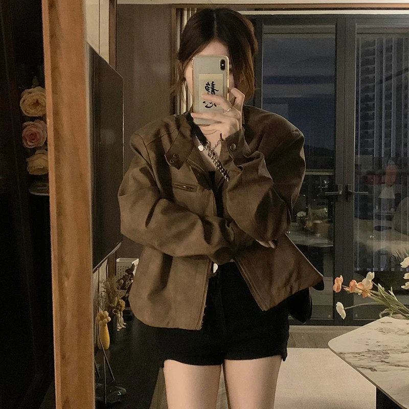 

Women's Brown Leather Jacket Motorcycle Couple Autumn Casual Top Female Fashion Long Sleeved Warm Thin Coat Oversize Clothes