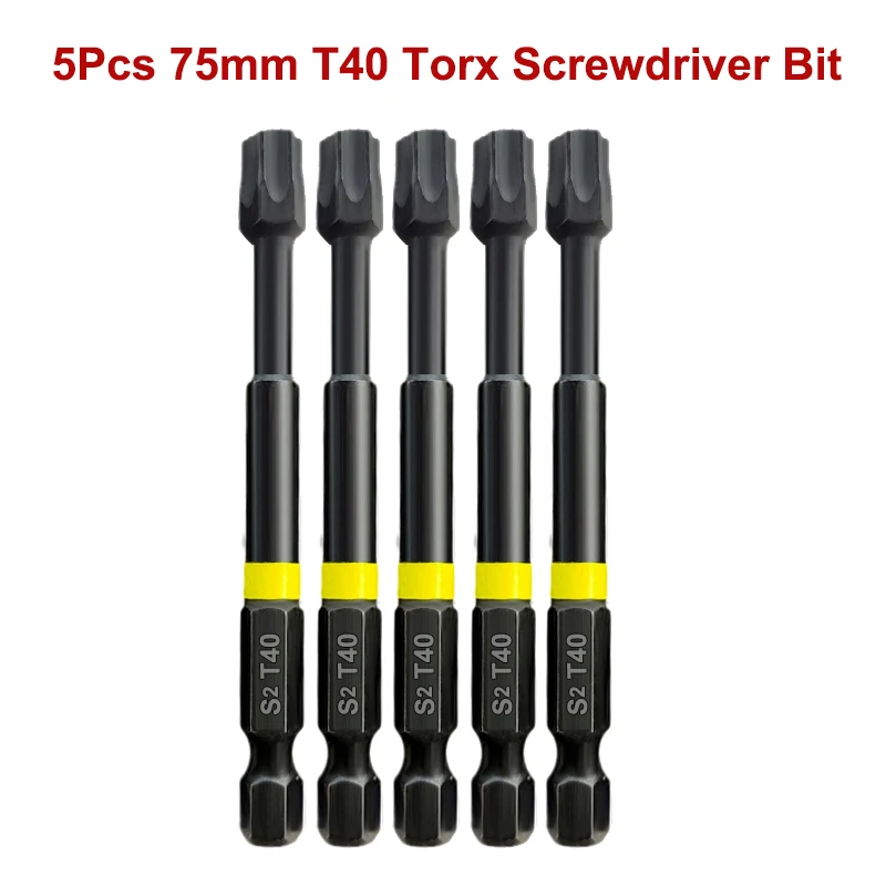 Security Torx Star Bits Set, Hex Shank, Tamper Resistant, Magnetic Screwdriver Bit, T20, T25, T27, T30, T40, 5Pcs, 75mm, 1/4\