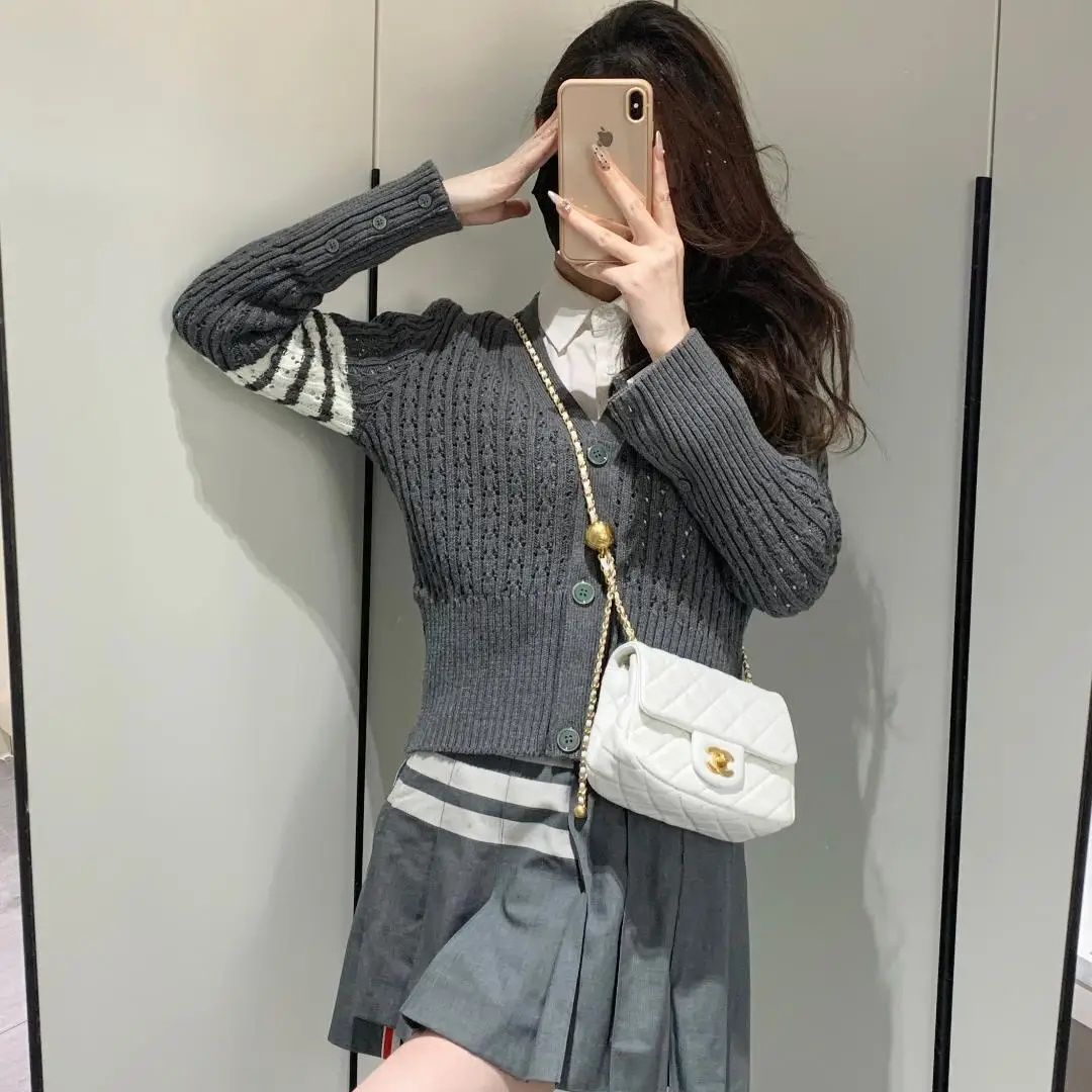 TB THOM Women\'s Knitted Sweaters High Quality Classic 4-Bar Striped V-Neck Cardigan Casual Fashion Slim-fit Female Blouse