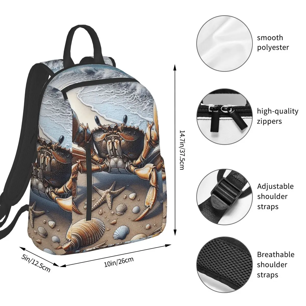 Crab And Shell At The Beach Backpack Student BookBag Children School Bag Computer Shoulder Bags Boys Girls