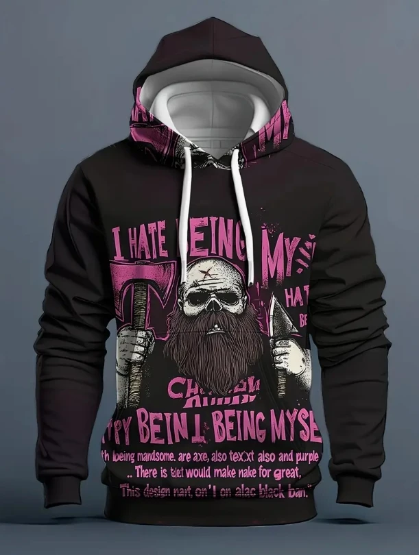 Plus Size Men's Casual Hoodie with Hamburger Pizza Fries Print - Black & Red Fast Food Graphic Pullover, Lounge Clothing,